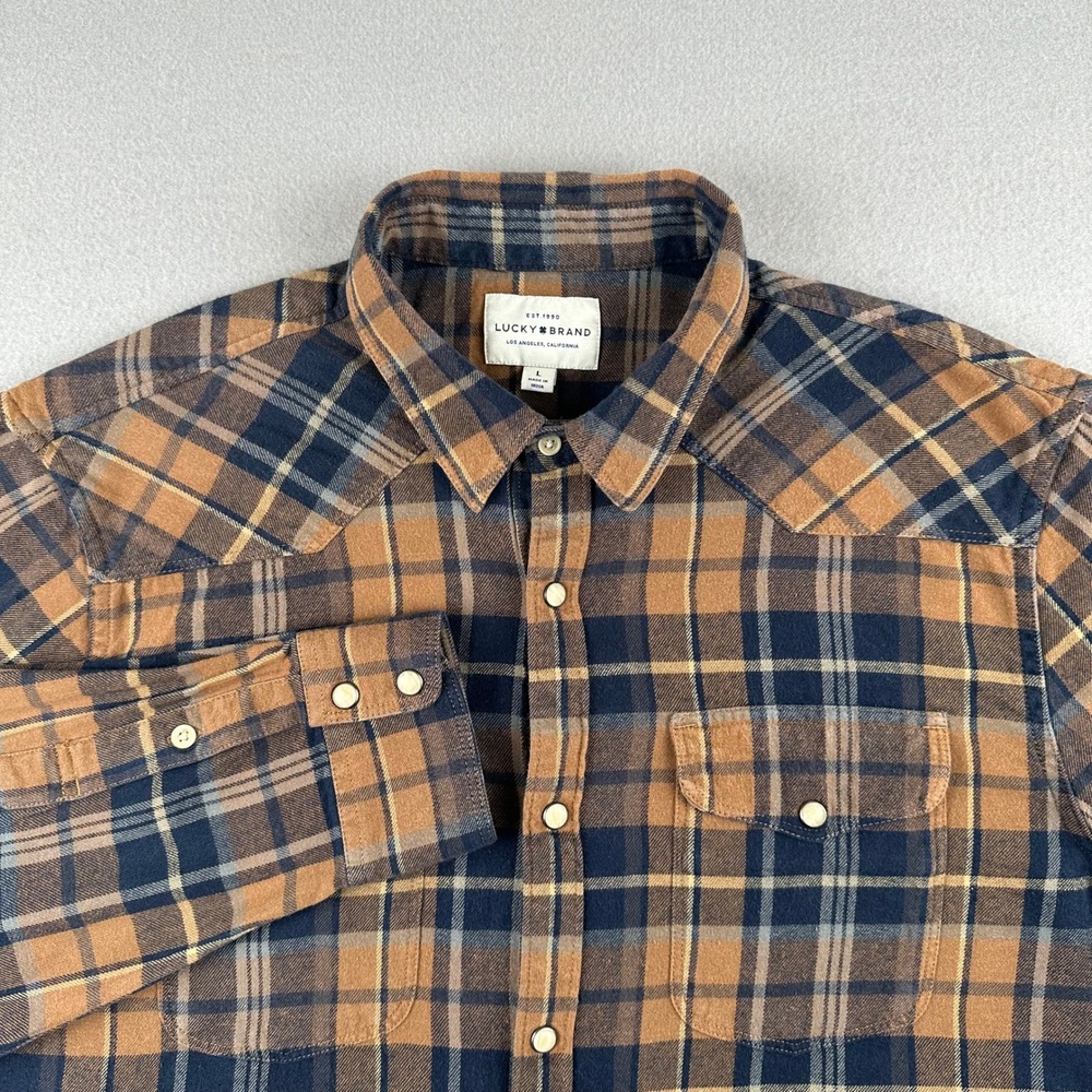 Lucky Brand Western Shirt Mens L Brown Navy Plaid Snap Front Long Sleeve Flannel